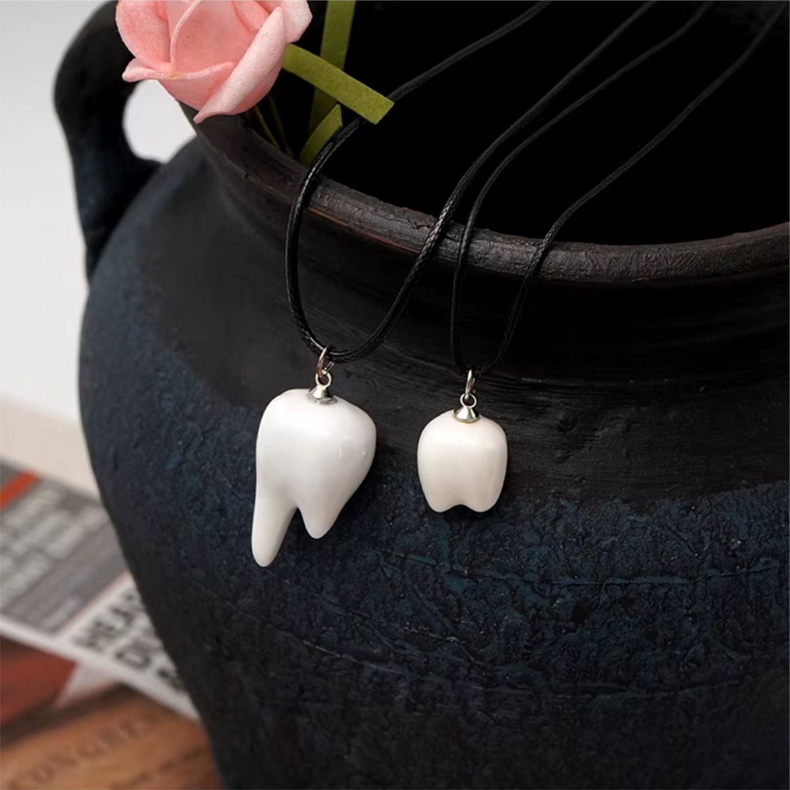 Resin Tooth Shape Pendant Necklaces Ð Black Waxed Cord Necklace - Image 3